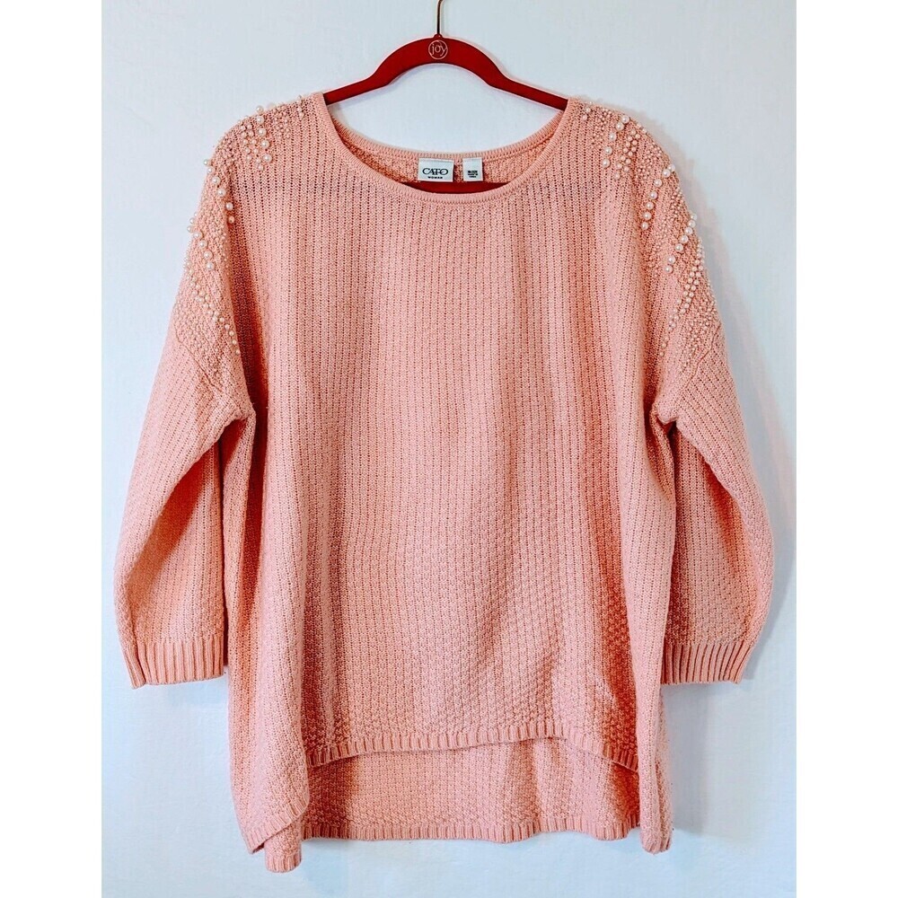 Cato Woman Plus Size 18/20 Peach Pearl Embellished Tunic Sweater High Low Hem - Picture 1 of 9